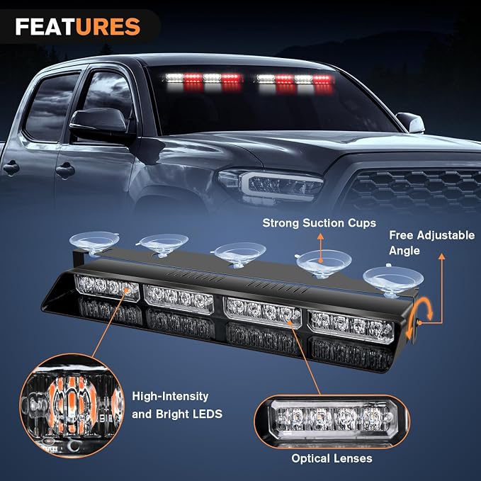 Nilight 32LED Red White Emergency Dash Strobe Lights with Controller | Suction Cups Warning Hazard Interior Front/Rear Windshield Deck Split Light Bar for Trucks Construction Vehicles