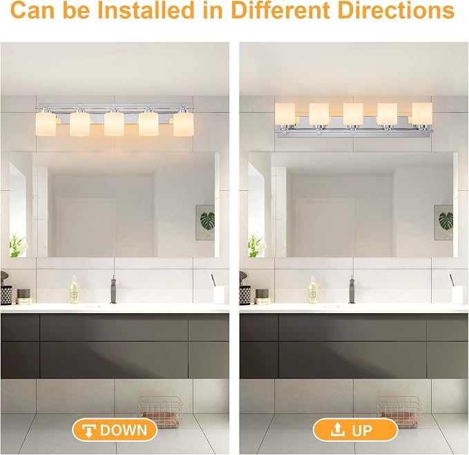 Modern Bathroom Light Fixtures Over Mirror, Vanity Lights for Bathroom Wall Sconces with Milky White Glass Shades, E26 Socket (Bulbs Not Included), 5 Light, Chrome