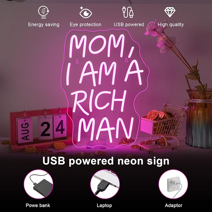 Lucunstar Mom I Am A Rich Man Neon Sign Pink Neon Signs for Wall Decor Pink LED Light for Bedroom Decor USB Connectivity Led Neon Signs for Home Boys Room Man Cave Gifts for Teens