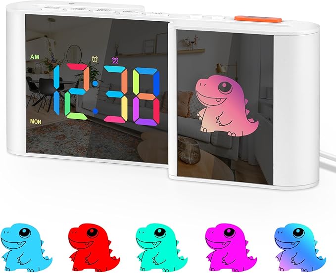 Alarm Clock,Alarm Clocks Bedside with Cute Cartoon,7.2''Large Mirror Clock,11 Colors Digital,10 Colors RGB Cartoon,Week Display,Auto Dimming,Dual Alarms,USB Port,5 Levels Volume for Bedroom Home Decor