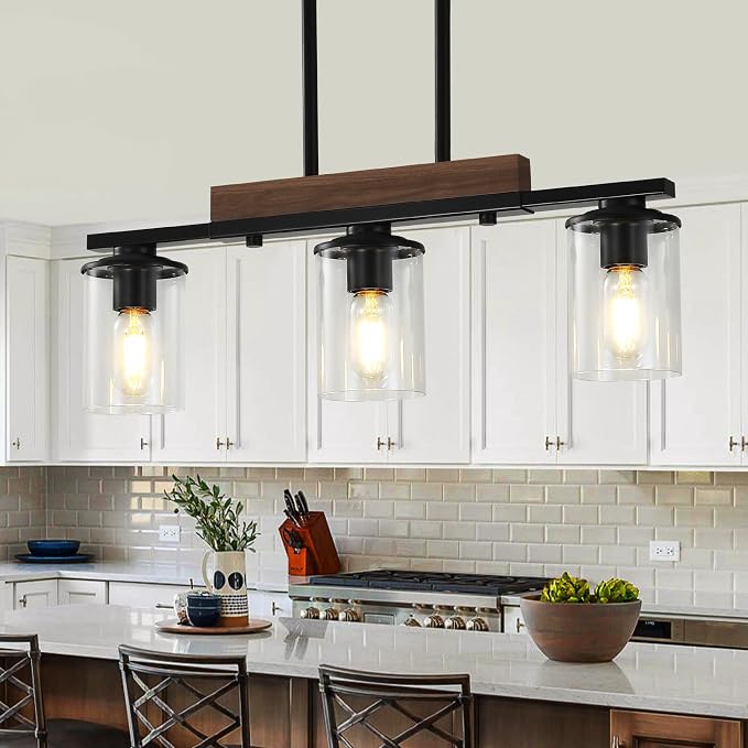 23.6" Dining Room Fixture Over Table,Farmhouse Chandelier | 3-Light, Black Modern Rustic Wood Pendant, Adjustable Height, Clear Glass Shade, Linear Hanging Lighting for Kitchen Island
