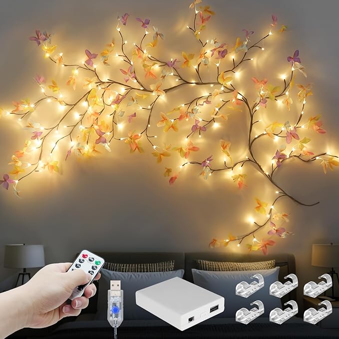 7.55FT 144LED Butterfly Enchanted Willow Vine Light for Bedroom,Battery Box | 3 Color USB Butterfly Blossom Tree Branch Lights for Wall, Remote Timer,8 Light Model,Bedroom Wall Doors Christmas