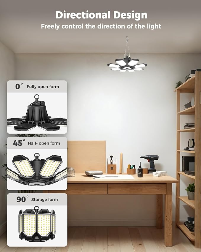 Plug in Garage Light 2 Pack, 25000LM Linkable LED Shop Light with 9.84ft Power Cord and Switch, 8 Foldable Panels, 6500K Work Lights for Garage, Workshop, Utility Room (Built-in Outlet)