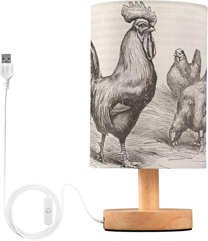 Table Lamp Retro Vintage Rooster Chicken Nightstand Lamp with Wood Base Fabric Lamp Shade Bedside Desk Lamp for Living Room Bedroom Kids Room Office