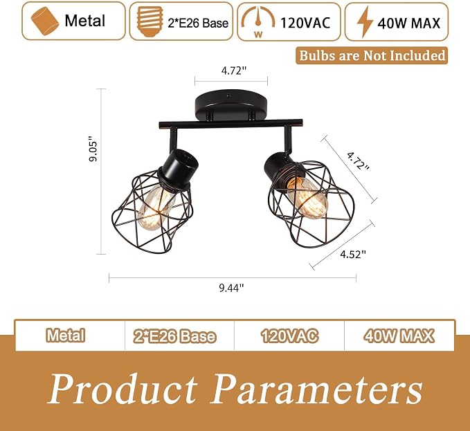 2 Lights Adjustable Multi-Directional Black Light Fixtures, Semi Flush Mount Ceiling Light, Kitchen Light Fixtures Ceiling Mount, Geometric Metal Cage Industrial Spotlight Fixtures for Dining Room