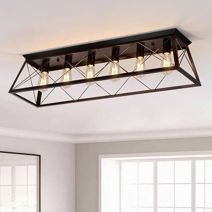 38" Large Flush Mount Ceiling Light for Kitchen Hallway Fixtures | Vintage Industrial Kitchen Ceiling Light Fixtures with X-Shaped Metal Cage, 6-Light Black Large Flush Ceiling Lighting