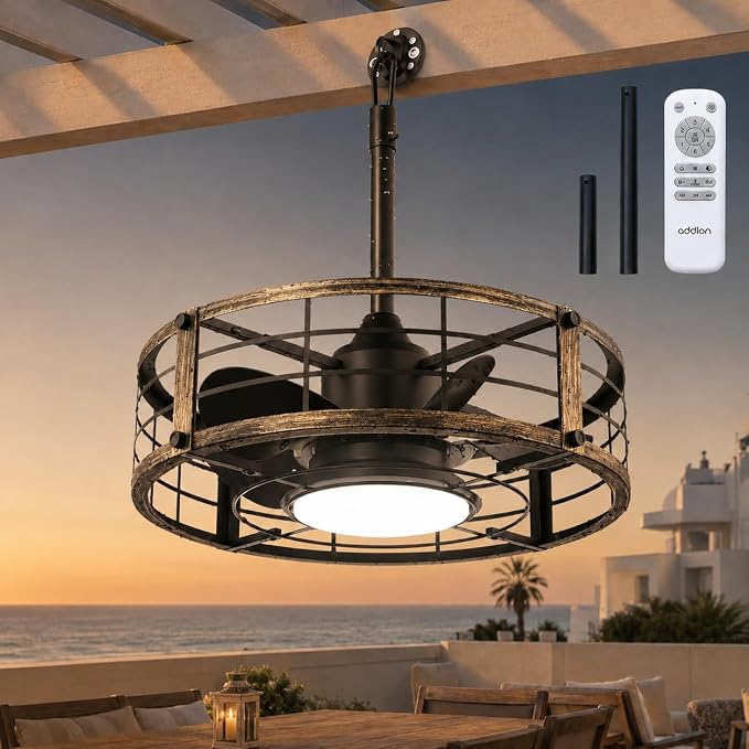 addlon 20" Outdoor Ceiling Fan with Light for Patio, IP65 Plug in Caged Fan | Waterproof, Hanging Hook, Reversible DC Motor, 6 Speeds, Remote Control, Quiet Operation, Timer, for Gazebo, Patio, Porch