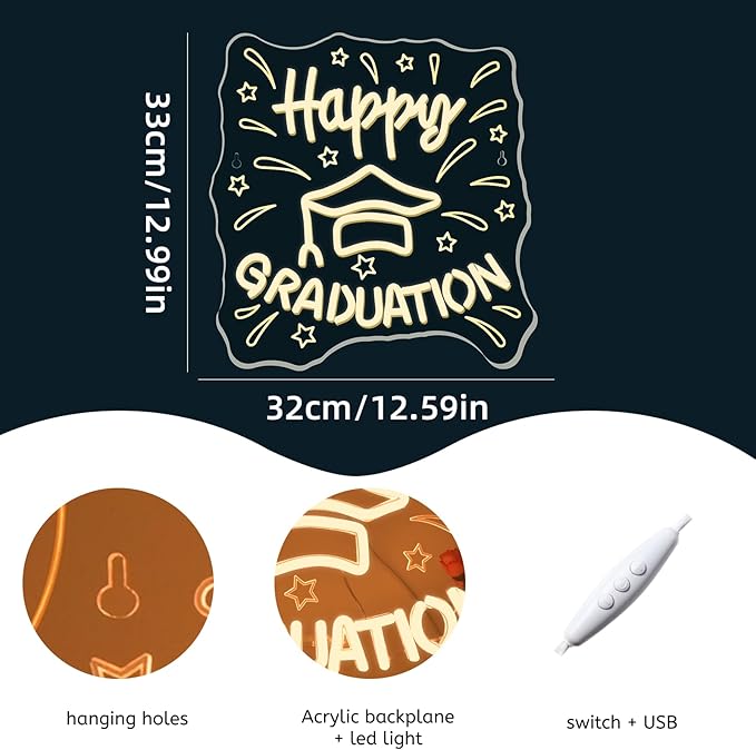 WLHOPE Happy Graduation Neon Sign Led Signs for Graduation Ceremony Wall Decor, Neon Lights Transparent Acrylic Board Sign for Classroom Dorm School Bedroom Decoration Gifts for Teens