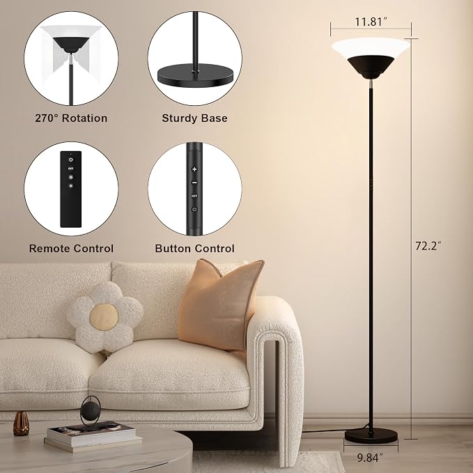 Torchiere Floor Lamp, 72 Inch 30W LED Standing Lamp, 1800LM, Stepless Dimmable, 3000K-6500K, Remote and Button Control, Modern Pole Light for Living Room Bedroom Office, Black