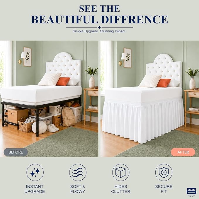 Cottingon Dorm Room Bed Skirt, 100% Microfiber, White, Twin XL-36'' Drop