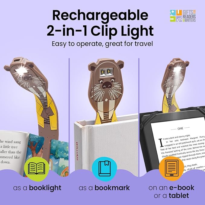 Gifts for Readers & Writers Rechargeable Book Light for Kids, Clip On Reading Light for Bed, 2in1 Flexilight Pals & Bookmark, 12 Hours of Light Once Charged, Includes USB Cable & 2 LED Lights, Walrus