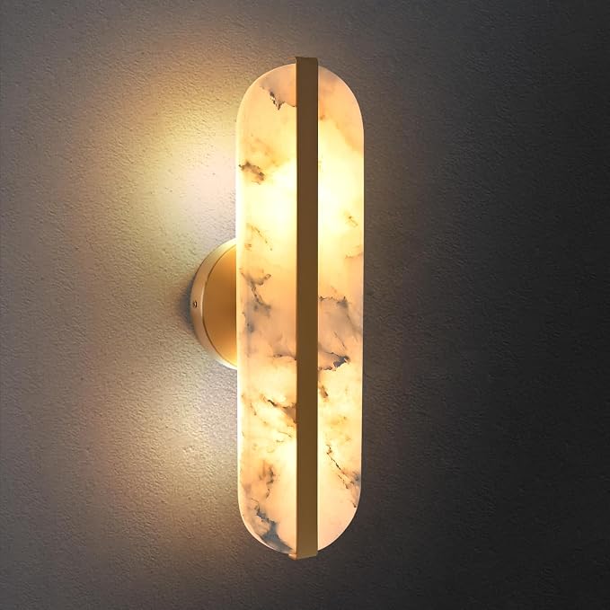15.7in Natural Alabaster Wall Sconces Marble Wall Sconces, Bulb Included | Gold Bathroom Vanity Light Fixture Modern Oval Stone Wall Mount Lamp Hardwired for Bedroom Living Room Hallway Stairs