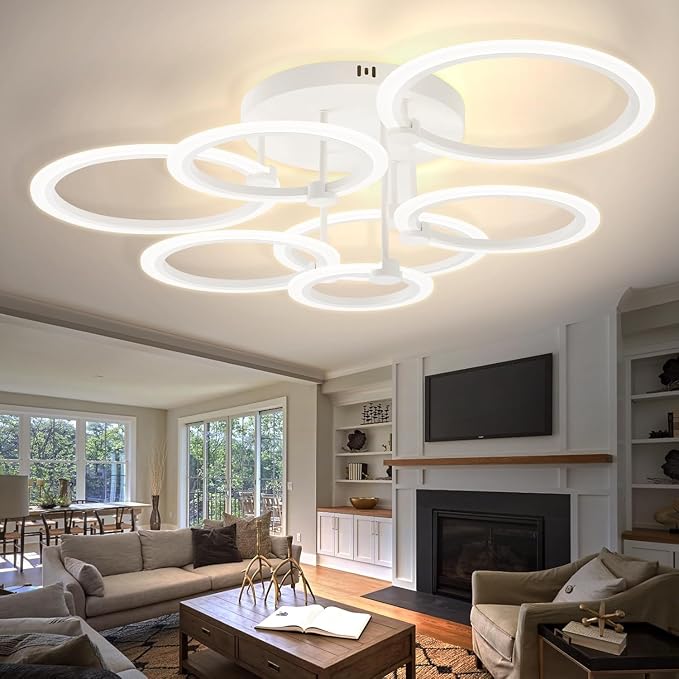 Smart LED Ceiling Light, 7-Ring Modern Flush Mount Fixture, 130W Dimmable 3000K–6500K, WiFi Alexa & App Control, White Ceiling Light for Living Room Bedroom Kitchen (31.8")