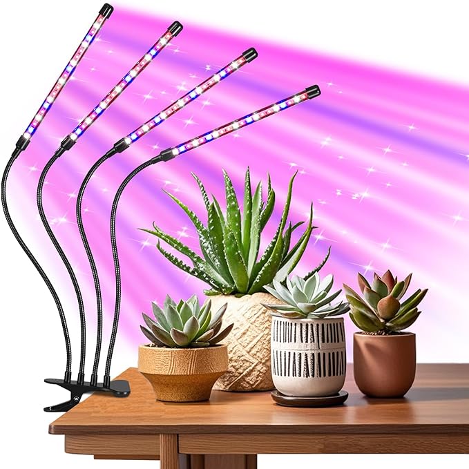 Indoor Plant Grow Light, Full Spectrum Clip Plant Lamp, 40 LED Beads with Red, Blue, White Light, Plant Growing Light with Gooseneck, 4/8/12/18H Timer, 10 Brightness Levels, 3 Lighting Modes, 4 Head