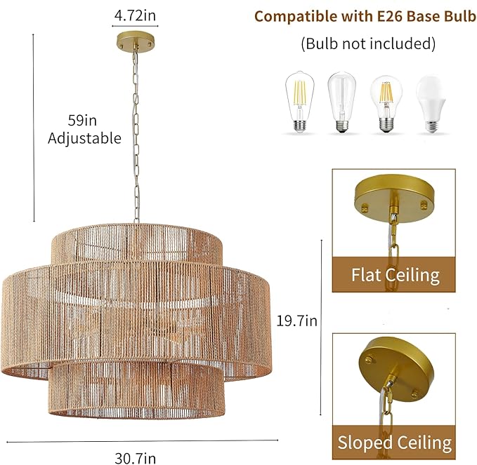 30.7in Large Rattan Chandeliers, 3-Tier Woven Boho Pendant Lights, Hemp Rope Hanging Ceiling Light, Wicker Lighting Fixture for Living Room, Dining Room, Bedroom, Kitchen Island