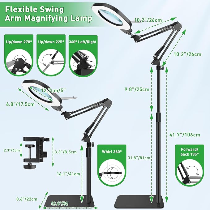 15X Real Glass Magnifying Lamp, 3-in-1 LED Desk Lamp with Base Clamp & Floor Stand, 5 Color Modes Stepless Dimmable, Adjustable Swing Arm, for Repair, Reading,Crafts,Painting