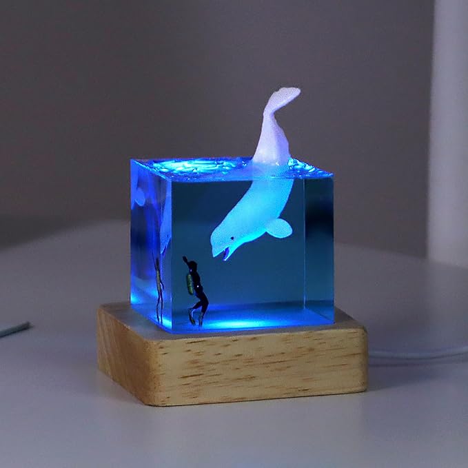 Shark Diver Night Lamp, Table Lamp, Handmade Resin Shark Lamp, Ocean Resin Cube Jewelry, Glow-in-the-Dark Night Lamp, Novelty Desktop Gift (Beluga Whale)