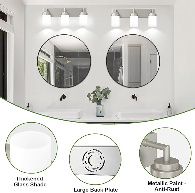 Bathroom Light Fixtures, Brushed Nickel Bathroom Lighting Fixtures Over Mirror, Modern Vanity Light with White Glass Shade, Restroom Lighting Fixtures, 3-Light 22-inch