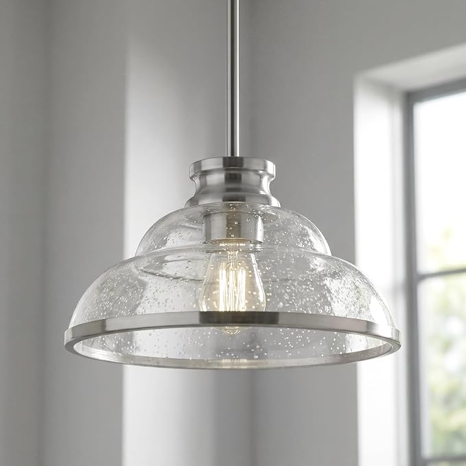 kudos 2 Pack 11" Brushed Nickel Seeded Glass Pendant Lights, KDPL14-BN-2PK | E26 Bulb Base, Hardwired, Farmhouse Styling, Adjustable Hanging Rods for Flat or Sloped Ceilings, for Kitchen Bars