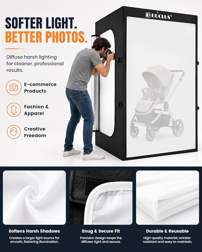 Photo Light Box 47×39×79 Inch for Clothing Photography, 400 LED Studio Shooting Tent with 8 Light Panels, CRI 96+, 12000lm Daylight, 3 Matte PP Backdrops for Bags, Models & Large Products