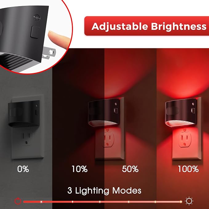 L LOHAS LED Motion Sensor Night Light, Night Lights Plug into Wall, 4 Pack | Nightlight with Dusk to Dawn & Motion Detection Sensor, 30-100Lm Adjustable Brightness, Red Light, Black Housing