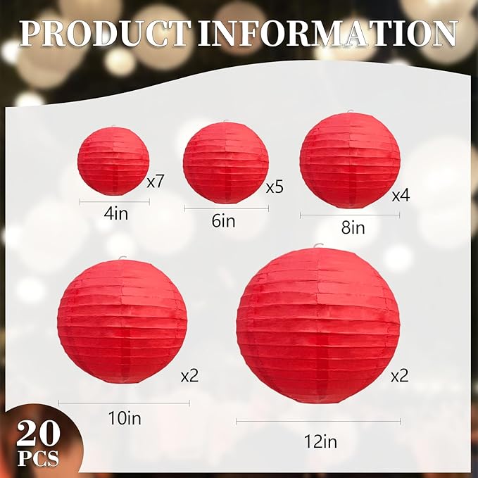 20Pcs Red Paper Lanterns for Parties, 6” 8” 10” 12” Chinese Asian Hanging Round Paper Lanterns for Birthday Wedding Halloween Christmas Home Decor Party Decor