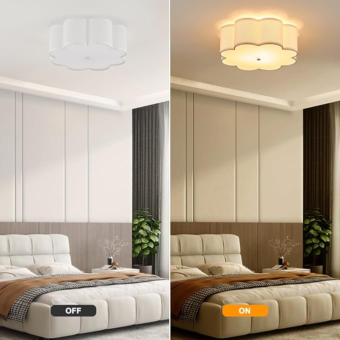17.7" White Semi Flush Mount Ceiling Light, Linen 3-Light Fixture | White Linen Petal Shade, Modern Style For Bedroom, Hallway,Kitchen And Laundry; Close-To-Ceiling, E26, Dimmable