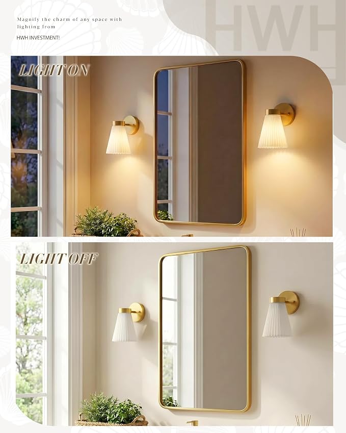 Fabric Bathroom Light Fixture, HWH 1-Light Sconce Wall Lighting with Milk White Striped Fabric Shade, Brushed Gold Finish, Modern Vanity Lights for Bathroom Bedroom, 5HZG97B BG-FB