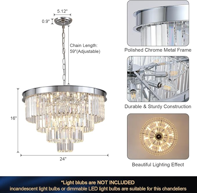 Chrome Crystal Chandelier 24” Modern Chandelier for Dining Room Round Ceiling Pendant Light Fixture 4 Tiers 12 Lights Luxury Large Chandelier for Entryway Living Room Bedroom