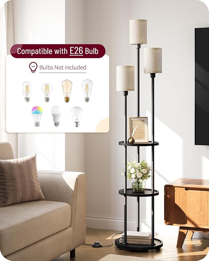 Floor Lamp with Shelves, 3-Light Floor Lamps for Living Room, Modern Standing Lamp with Linen Shades and Foot Switch, 66.1'' Tall Corner Lamp for Bedroom, Office, E26 Base, Black and Beige
