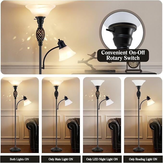 Luvkczc 70" Floor Lamp with Night Light, Adjustable Gooseneck Reading Light | Retro Standing Lamp for Living Room Bedroom Corner – Dual Lighting, Etched Frosted Shade, Rotary Switch, Bulb Included