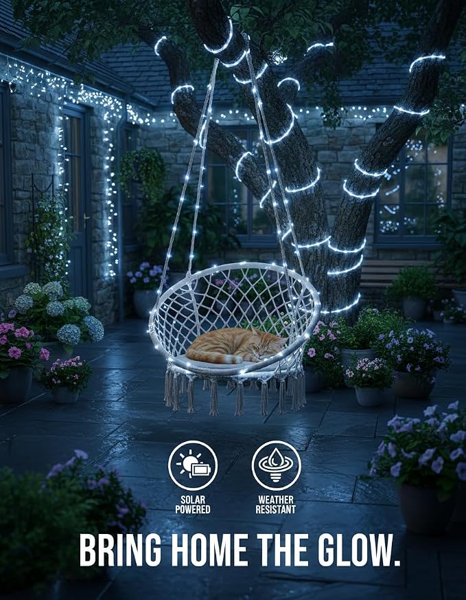 Solar Rope Lights, 33FT 100LED String Lights Outdoor, 8 Lighting Modes Solar Powered Rope Lights for New Year Easter Party Holiday Tree Decoration, White