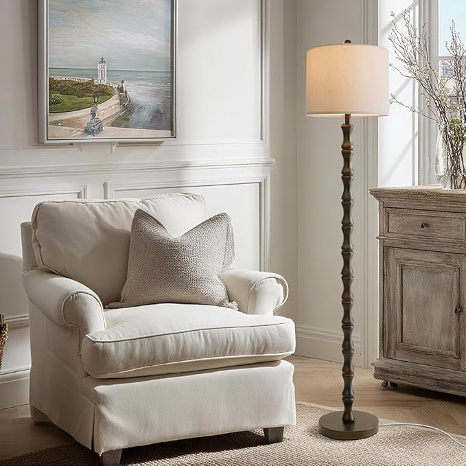 62" Farmhouse Floor Lamp for Living Room, Rustic Standing Lamp with Linen Shade and Rotary Switch, Resin Corner Floor Lamp for Bedroom, Dining Room, Office, Home Decor, Dark Brown