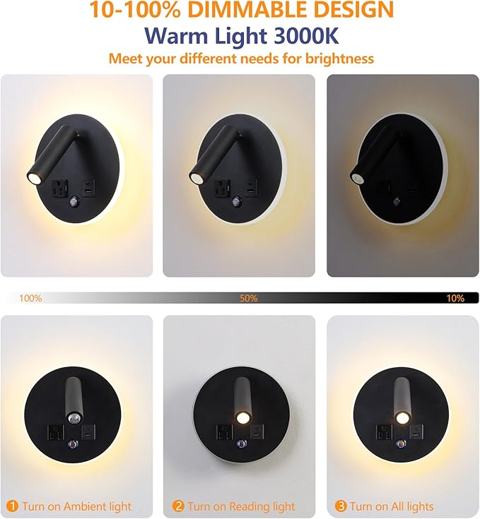 LED Round Wall Sconce with Dimmable Light, 6W+3W 3000K Night Light, Adjustable Plug-in Headboard Lamp with USB & USB-C Ports, Bedside Reading Light for Bedroom(Black)