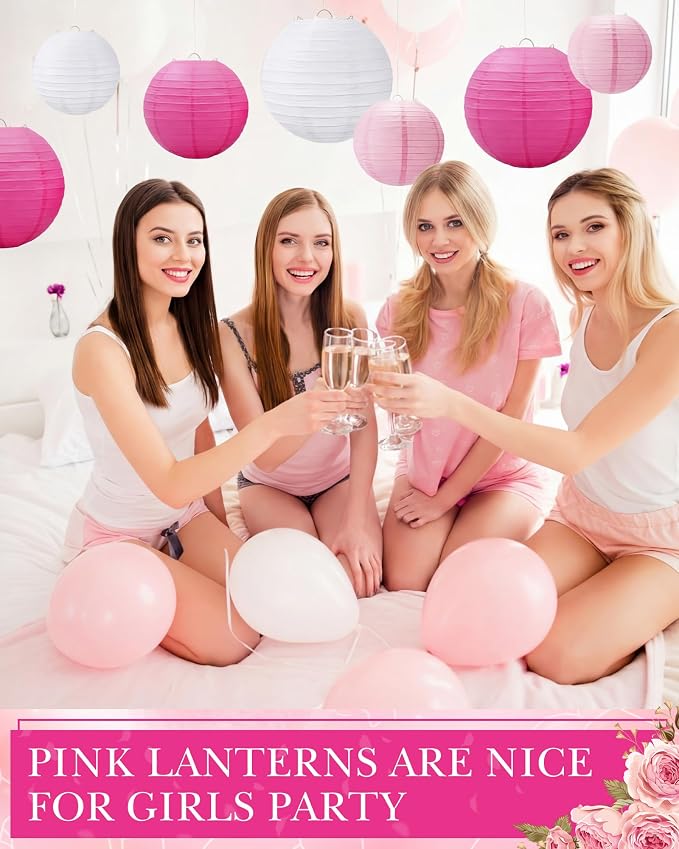 Treela 48 Pcs Paper Lanterns Party Decorations Round,Pink,White | Chinese Hanging Lamps, Wedding, Party Supplies, Birthday Bridal, 4/6/8/10 Inch, Easy Setup, Asian Decor, Festive Atmosphere