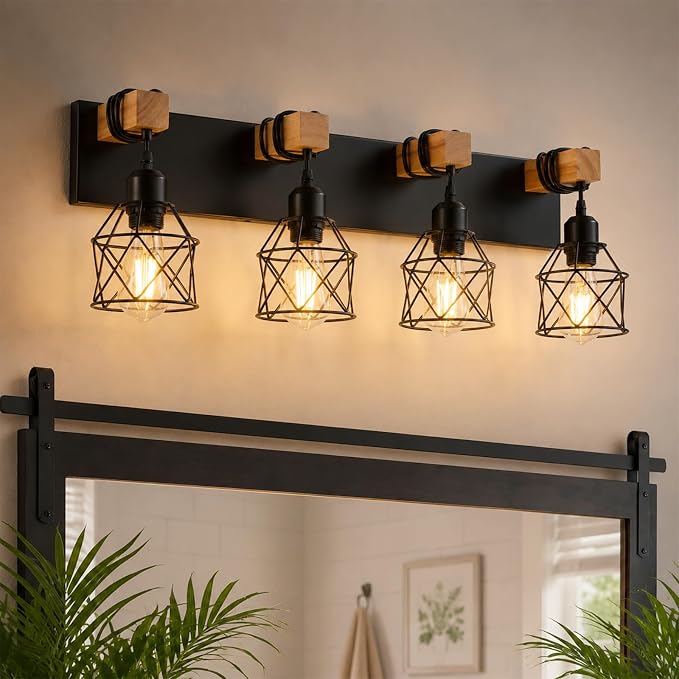 Farmhouse Vanity Light Fixture,4-Light Bathroom Lighting,Black Industrial Wood Wall Light Over Mirror with Metal Shade,LED Bulbs Not Included