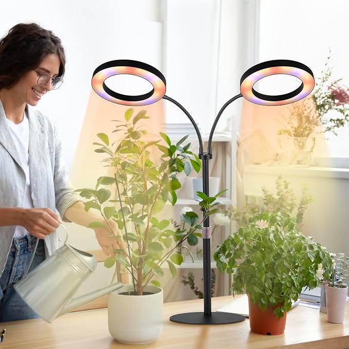 Grow Lights for Indoor Plants, 2-Head Full Spectrum & 3/9/12H Timer, Black | 144 LEDS Plant Light, 10 Dimmable Levels Indoor Plant Light, Flexible Gooseneck, 14"-23" Height Adjustable, Metal Base