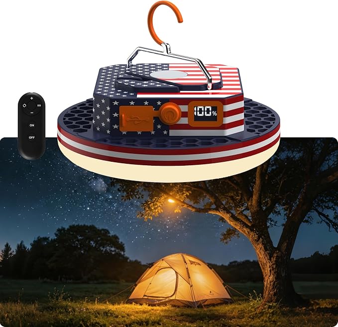 10000mAh Rechargeable Camping Light with Remote , US Flag Print American Flag Light for Outdoor Camping Hiking Emergency Power Failure (30W(US Flag Style))