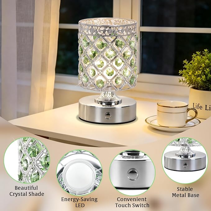 Green Crystal Rechargeable Cordless Table Lamp, Touch Small Desk Lamp | 6000mAh Battery, 3 Color Temps, Stepless Dimming, USB Charging, Portable Wireless Night Light for Bar Bedroom Living Room