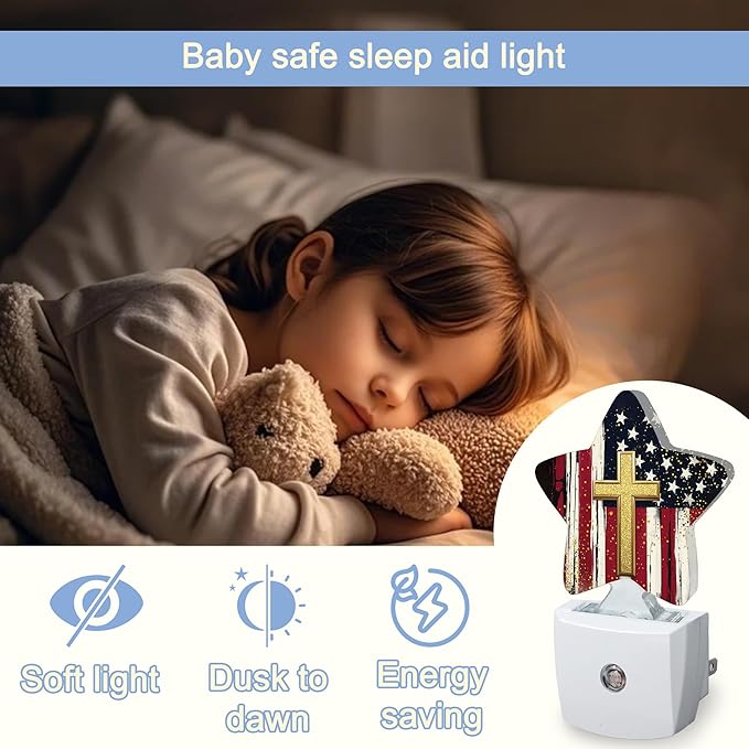 Night Light,American Flag Cross Plug into Wall with Dusk to Dawn Light Sensors,Vintage Warm Star Nightlights for Bedroom,Bathroom,Hallway,Kitchen Home Decor Desk Lamp