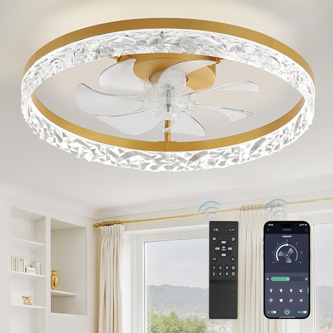 LEDIARY 20" Modern Ceiling Fans with Lights and Remote, Dimmable Low Profile Ceiling Fan, Flush Mount Fan, Stepless Color Temperature Change and 6 Speeds - Gold | Fandelier, Dimmable Low Profile, Flush Mount, Stepless Color Temperature Change, 6 Speeds...