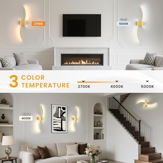 VOLISUN Battery Operated Wall Sconces Set of Two, 27.6 inch Wireless Wall Sconces, 3000K-6500K Dimmable Wall Lamps with Remote, Rechargeable Gold Wall Lights for Living Room, Hallway, Bedroom