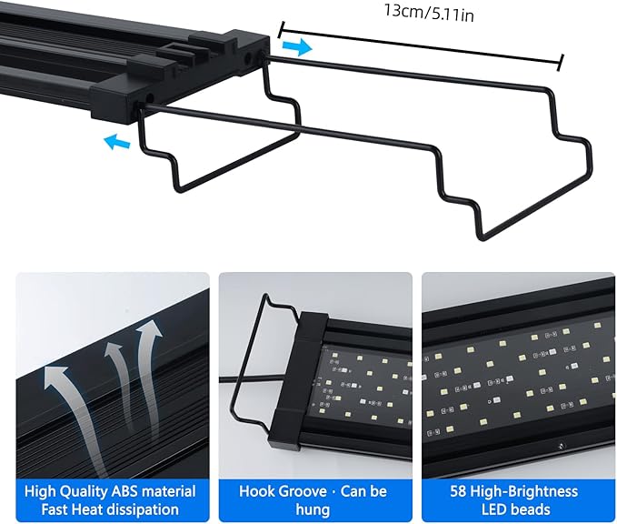 USB LED Aquarium Light for 12–18 Inch Fish Tanks – Timer with Auto On/Off, 10-Level Brightness, White/Blue/Red+White Modes, Extendable Brackets & Hanging Design