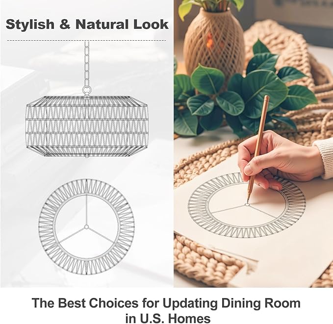 Farmhouse Chandelier Light Fixture, 5-Light Rattan Boho Chandeliers for Dining Room, Hand Woven Pendant Light with Linen Shade, Rustic Hanging Lighting for Kitchen Island, Bedroom (Bulb Not Included)
