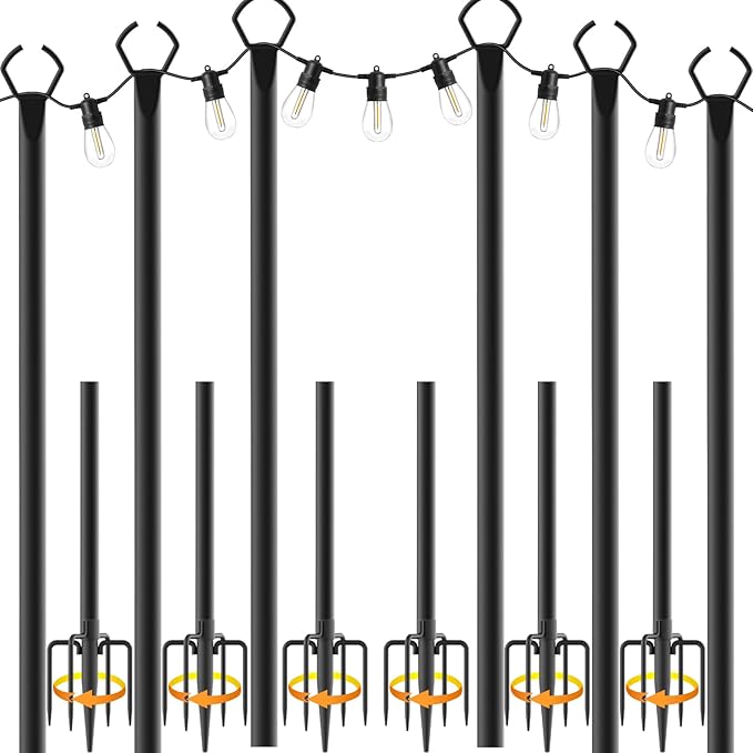 6 Pack String Light Poles,10 Ft Light Poles for Outside String Lights,Outdoor Lights Pole with Fork,Metal Poles Stand for Patio Deck Backyard (10FT 6 Pack)
