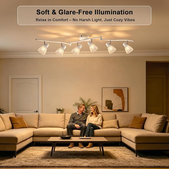 HiBay 6-Light Track Lighting White, Flexible Ceiling Fixture w/Glass Shade | Modern Flush Mount Track Spot Lights Indoor for Kitchen, Living Room, Dining Room, E12 Base, No Bulbs