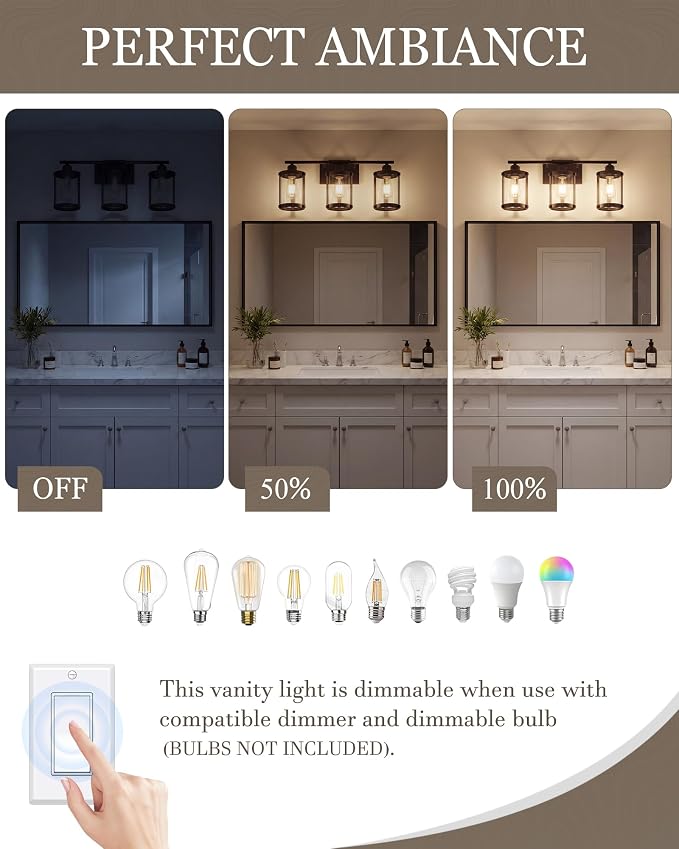 3-Light Oil Rubbed Bronze Bathroom Light Fixtures Over Mirror with Clear Glass and Metal Cage Shade, 21" UL-Listed Modern Farmhouse Wall Sconce for Bath, Hardwire E26, OS-3014ORB-3W
