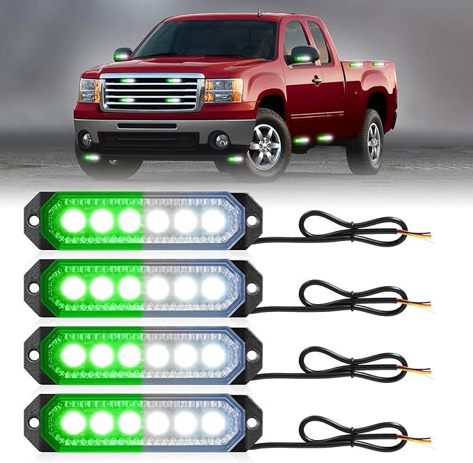 HLauto 406T Emergency Strobe Grille Lights: 4Pcs 6 LED Sync Feature Safety Warning Flashing Light, 12V-24V Ultra Slim Surface Mount Hazard Caution Light for Truck, Vehicle, Car, ATV, UTV (Green White)