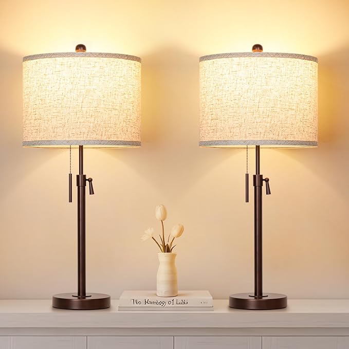 Table Lamps for Bedrooms Set of 2, 22" to 30" Height Adjustable Nightstand Lamps with Linen Shade, Pull Chain Switch Lamps for Living Room, 3 Way Dimmable Bedside Lamp