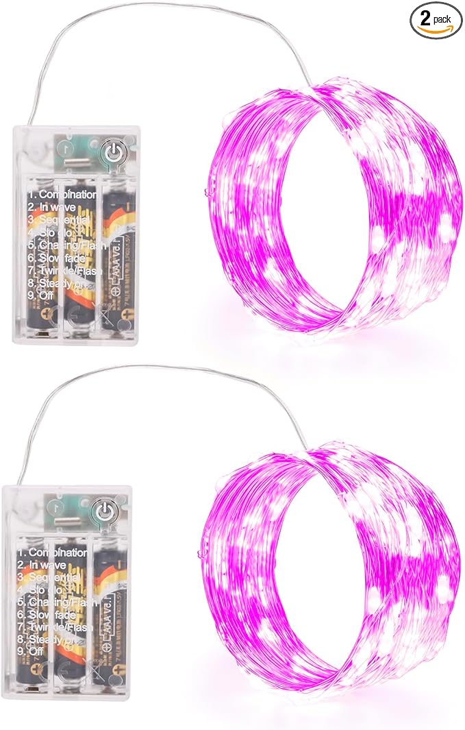 Pink Fairy Lights Battery Operated (Included), 8 Modes & Auto timer, 2 Packs 5m 50Led Mini Twinkle Silver Wire Firefly Starry lights,Waterproof Battery Operated Lights for Tree Bottle Weddings